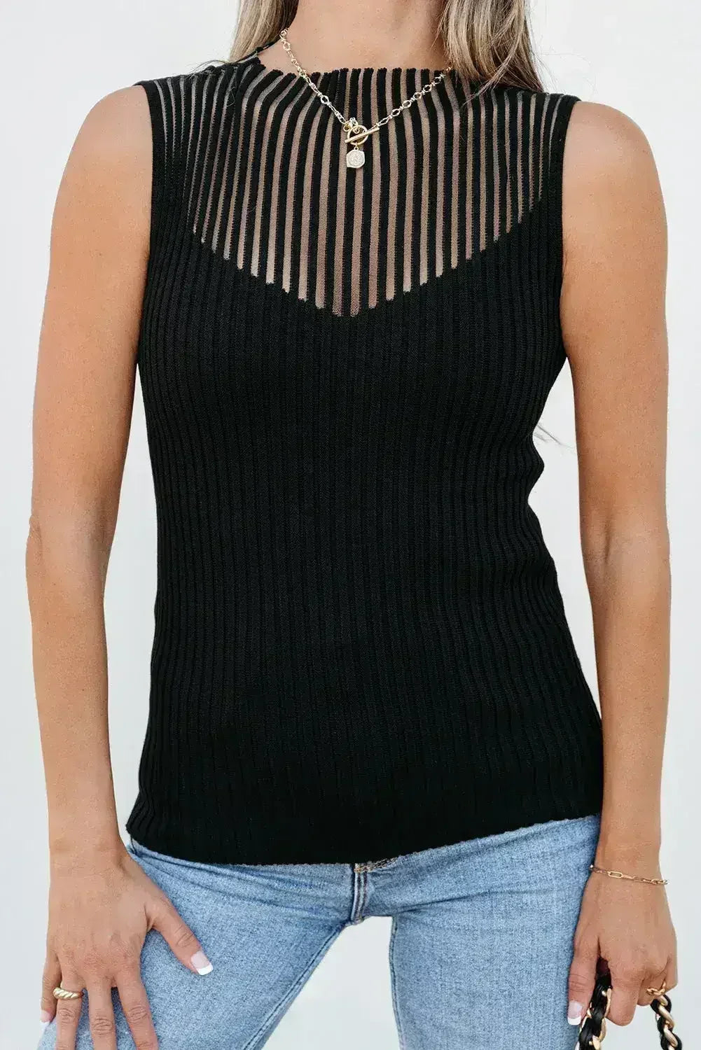 Black Mesh Cutout Knit Vest - Edgy Ribbed Design | Femstylo