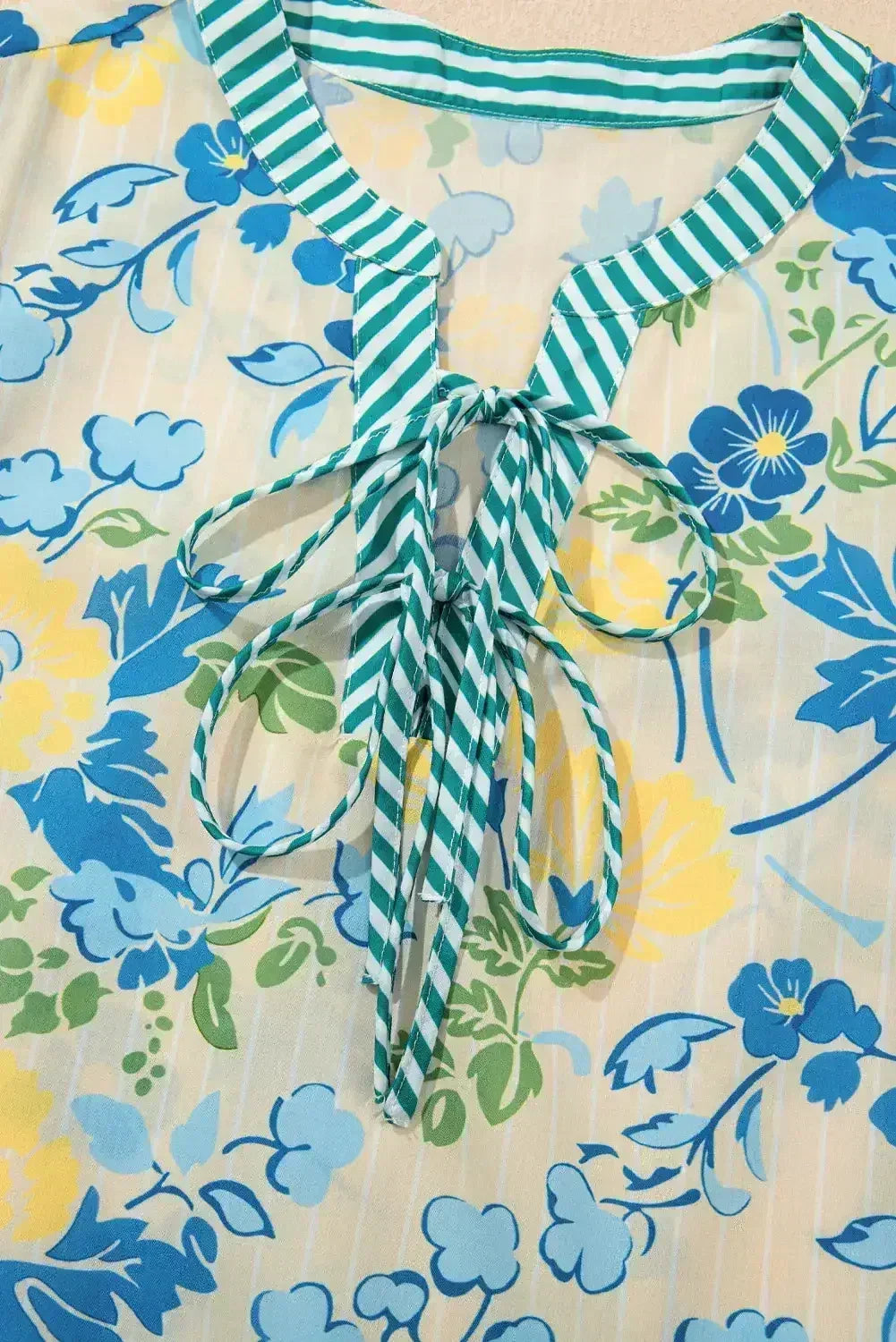 Blue Floral Print Striped Trim Puff Sleeve Mini Dress