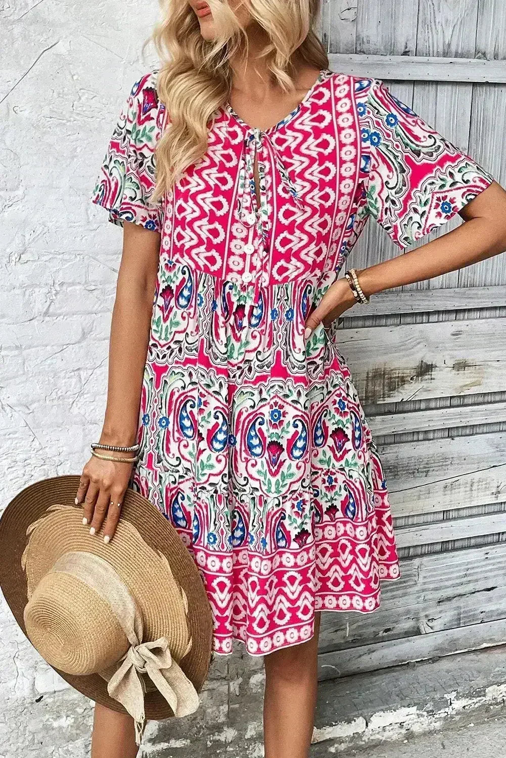 Pink Bohemian Tie Neck Flounce Sleeve Ruffle Hem Mini Dress