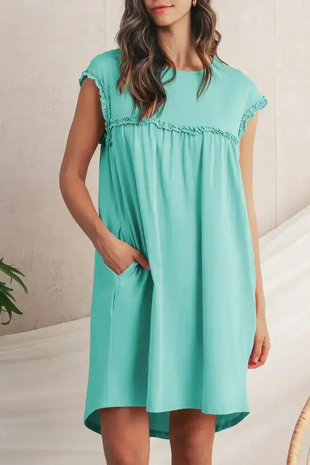 Oatmeal Frilled Trim Crewneck Loose Fit Mini Dress