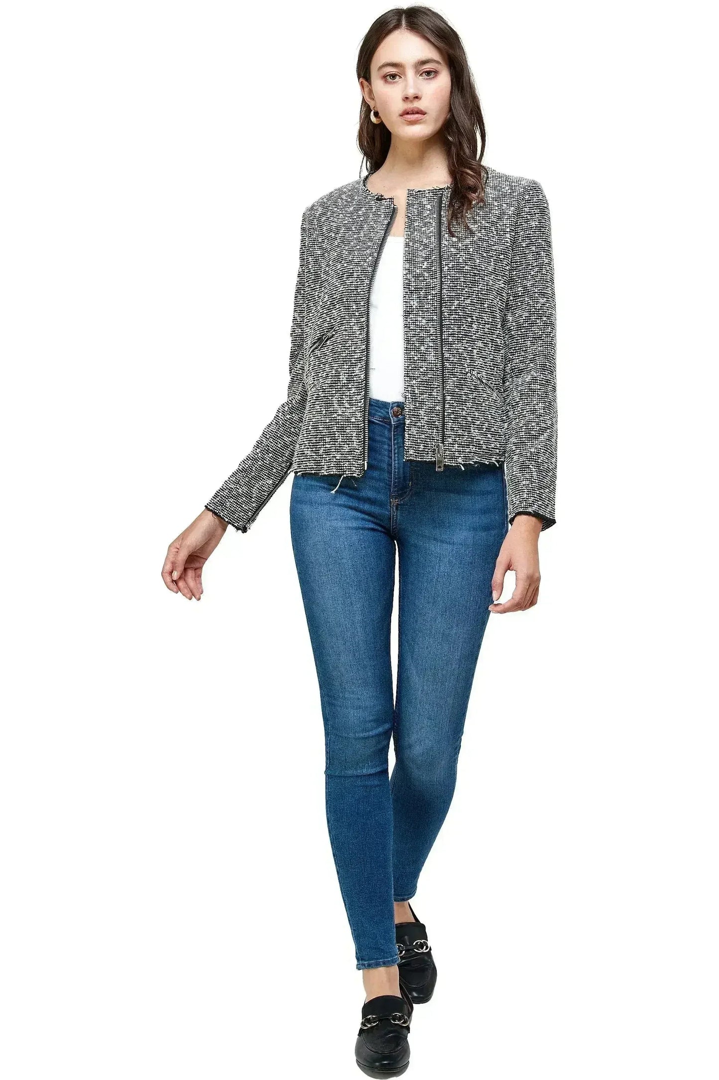 Boucle Tweed Biker Jacket - Textured Zip-Up Jacket for Women | Femstylo