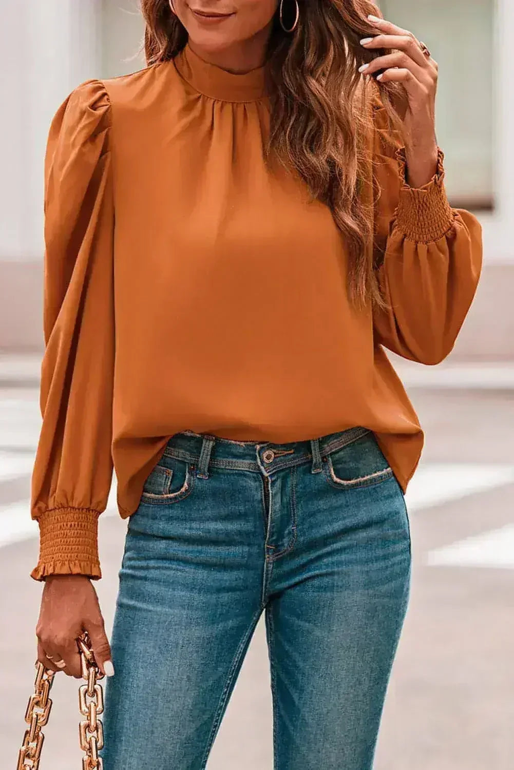 Orange Chiffon Blouse - Bubble Sleeves & Mock Neck | Femstylo