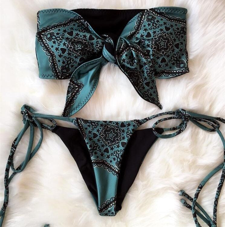 Retro Printed Bikini Front Knotted Swimsuit Female Tied Swimsuit Bikini