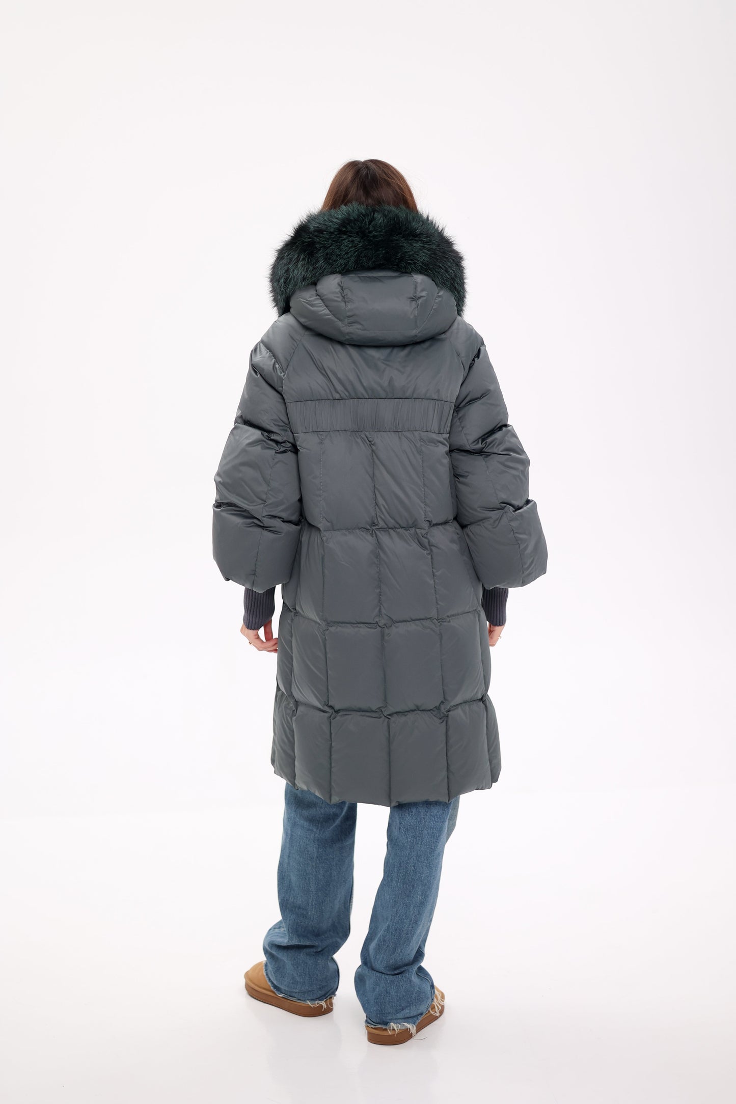Genuine Silver Fox Fur Trim Down Coat in Forest Slate
