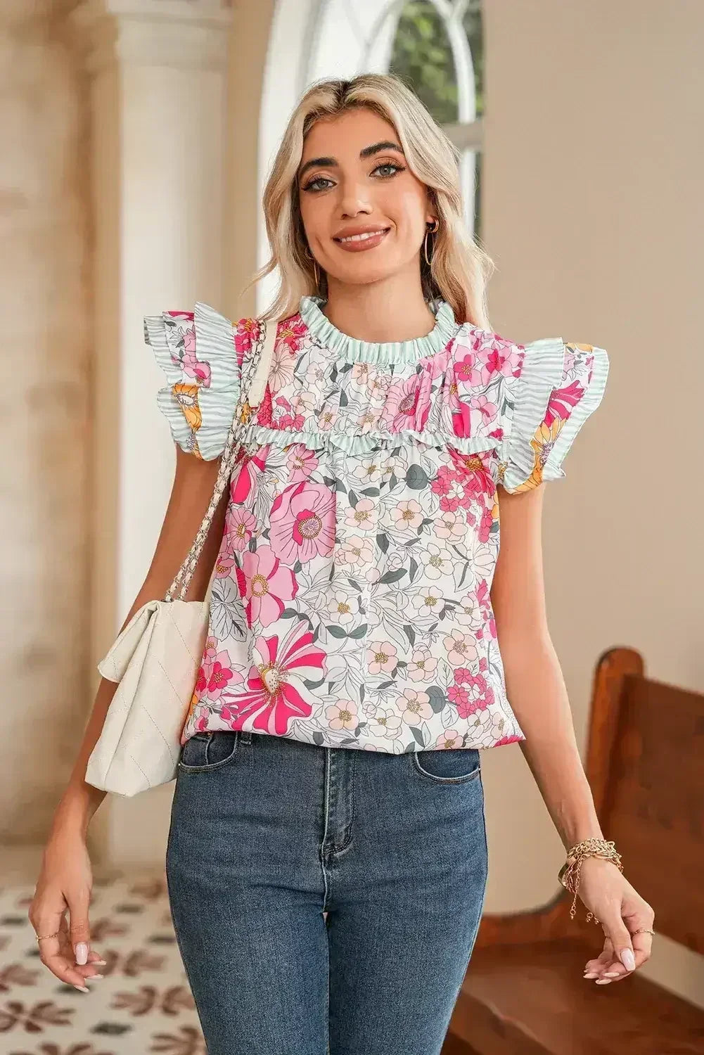 Pink Floral Print Ruffle Trim Pleated Boho Blouse | Femstylo