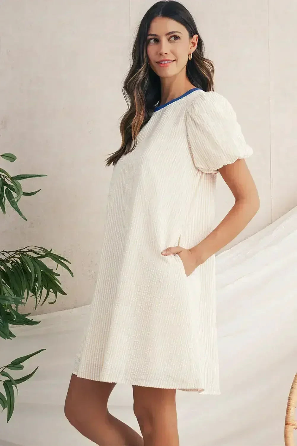 Beige Striped Print Puff Sleeve Textured Mini Dress