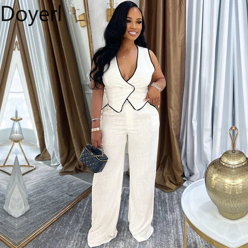 Doyerl Vintage Elegant 2 Piece Sets Woman Outfit Workwear Patchwork Double-breasted Vest Top and Wide Leg Pants Matching Sets