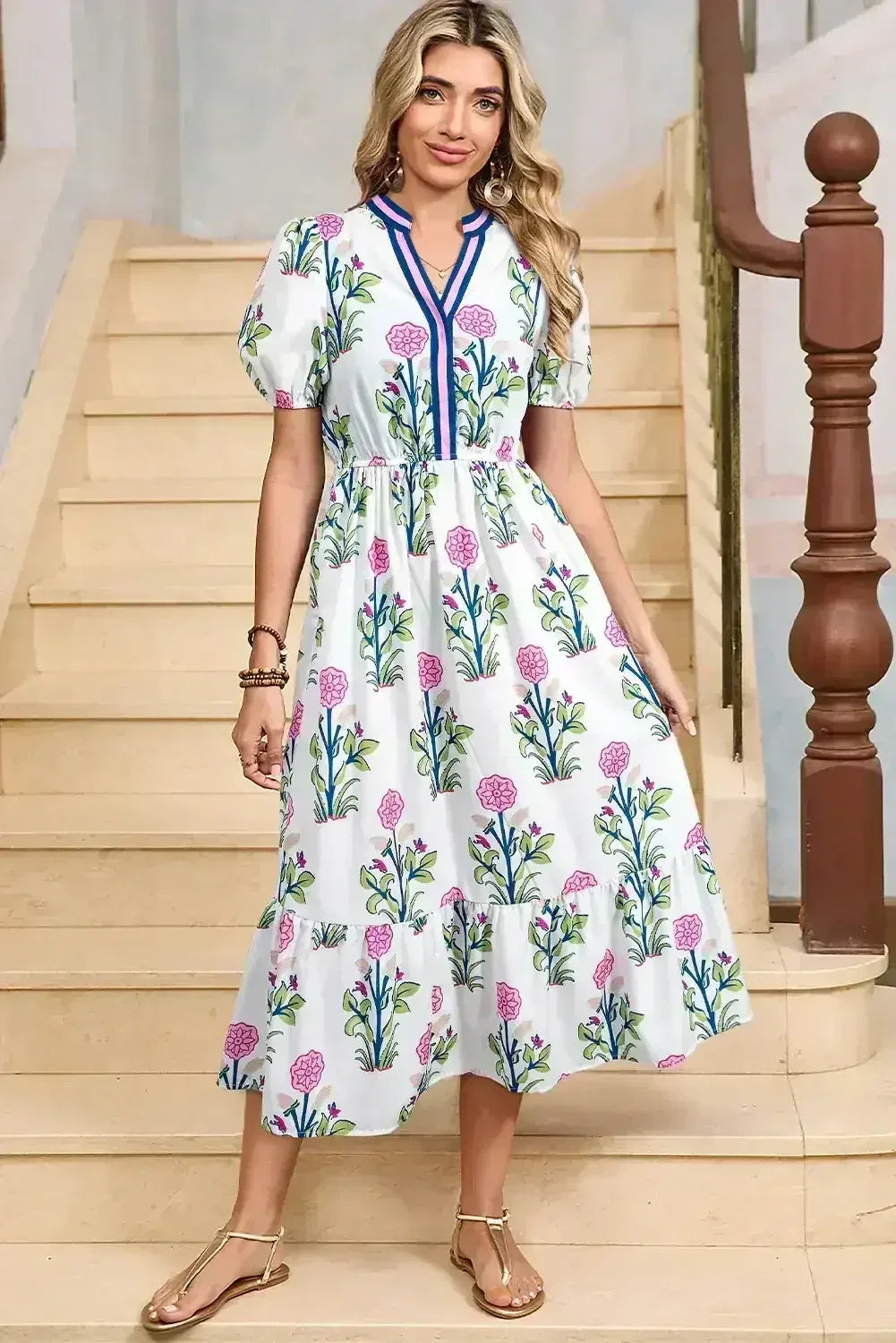 Blue Floral Ruffle Hem Pop of Color Neckline Dress