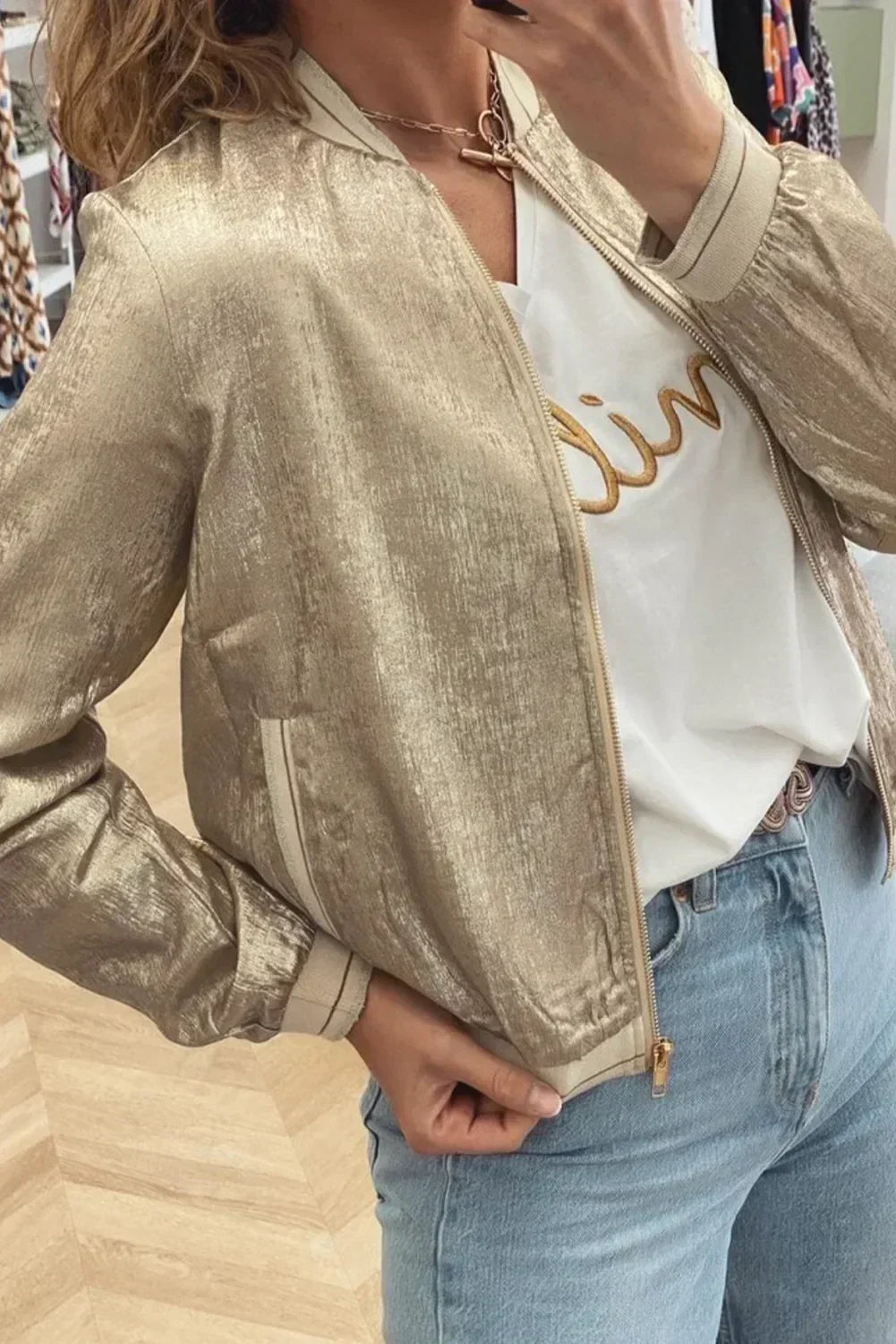Pale Khaki Metallic Zip-Up Baseball Jacket – Femstylo
