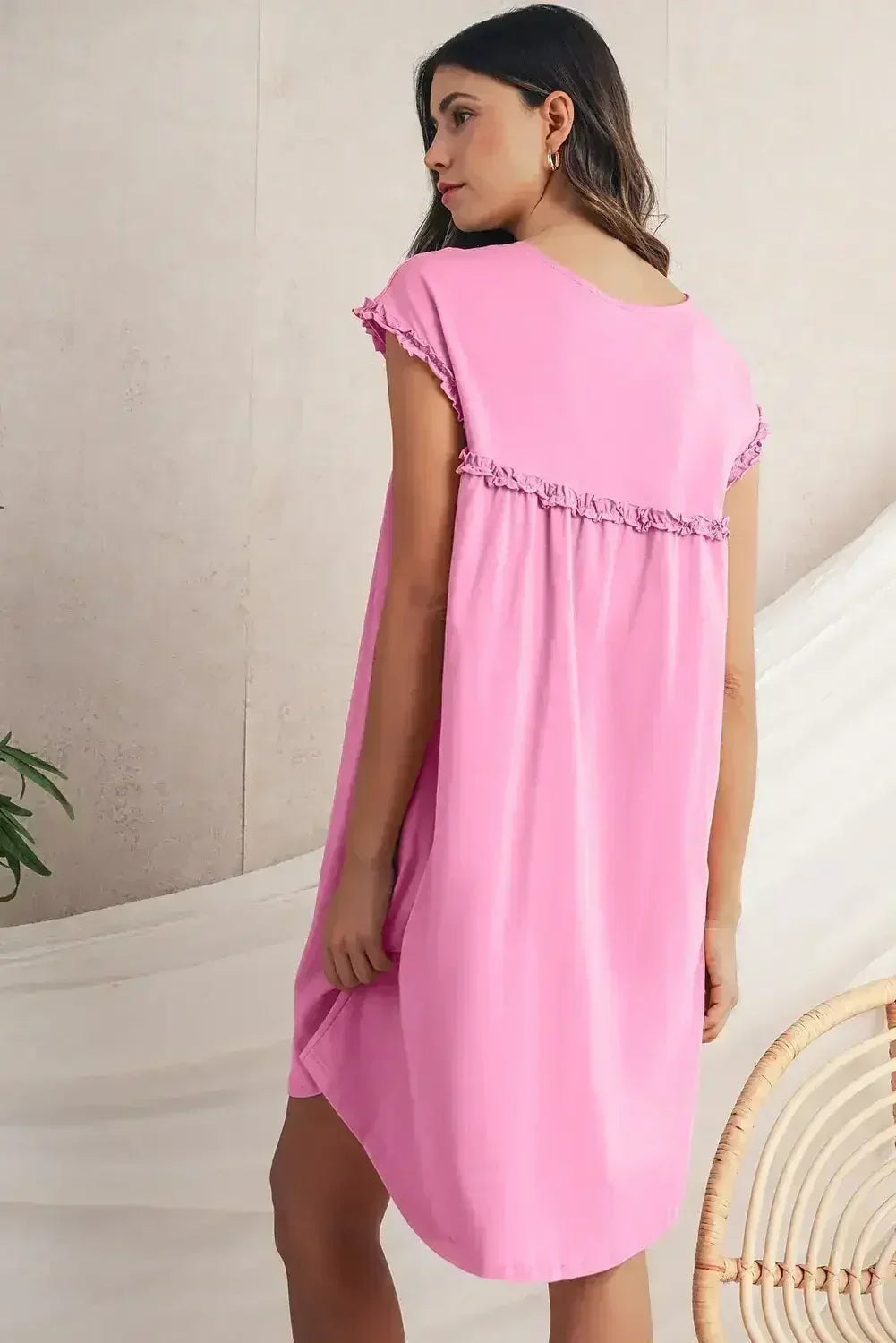 Oatmeal Frilled Trim Crewneck Loose Fit Mini Dress