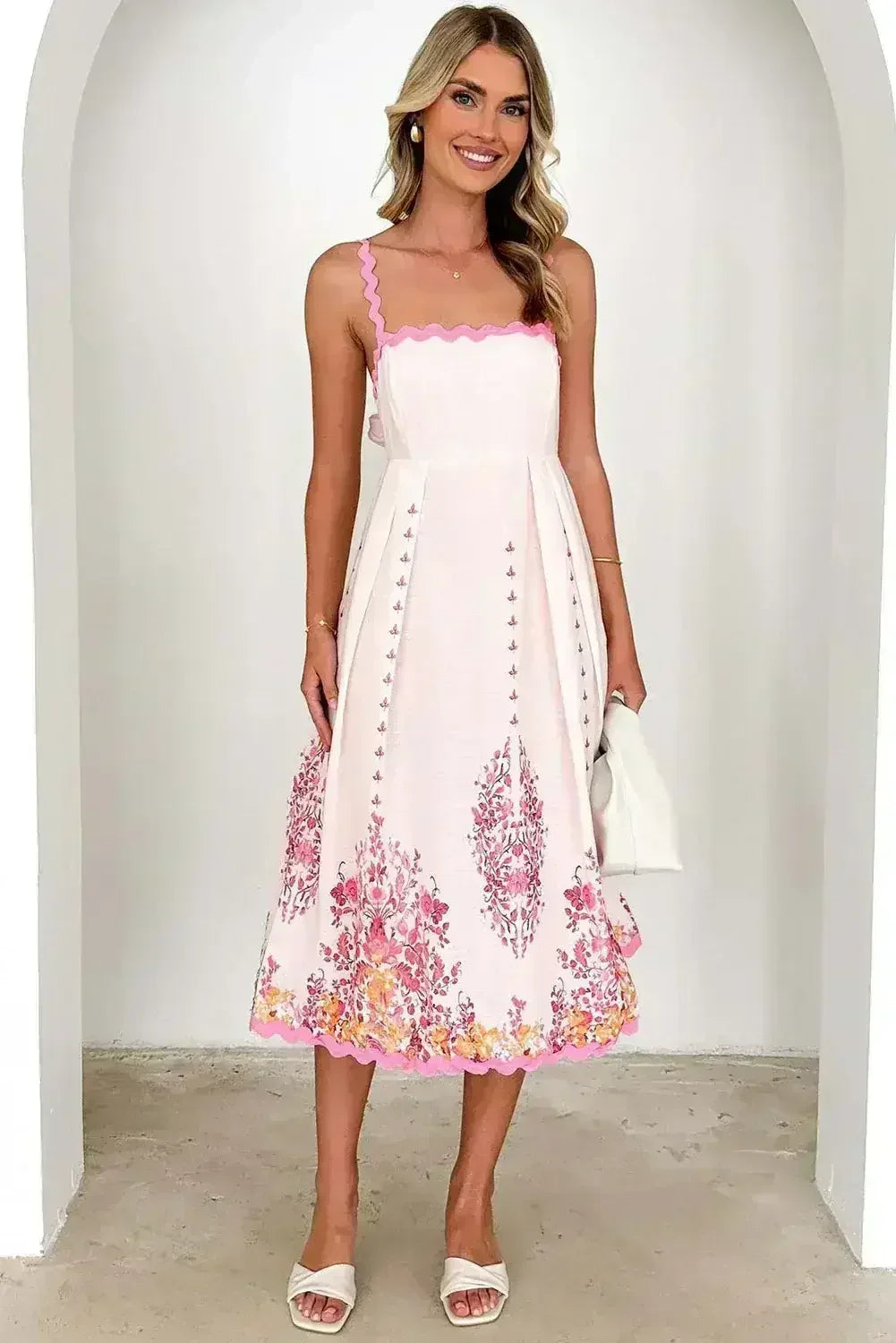 Pink Floral Ric Rac Spaghetti Strap Backless Dress