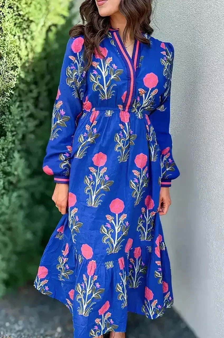 Blue Floral Print Pop of Color Neckline Long Sleeve Midi Dress