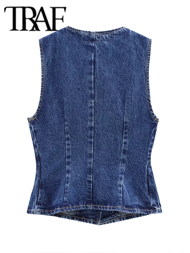 TRAF Women's Vest 2025 New Fashion Denim Vest Top Ladies Casual Cropped Sleeveless Jacket Coat Streetwear Waistcoat Outerwears