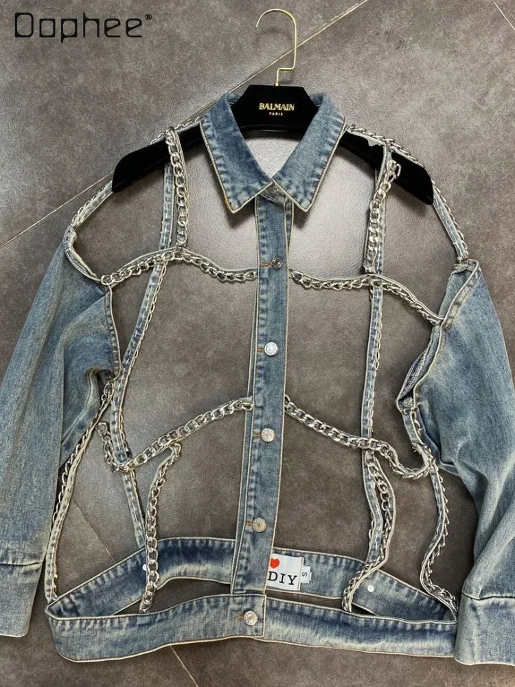 Denim Jacket 2023 Spring Summer Lapels Long Sleeve Chain Hollow Cool Handsome Street Denim Long Sleeve Jeans Jacket for Women