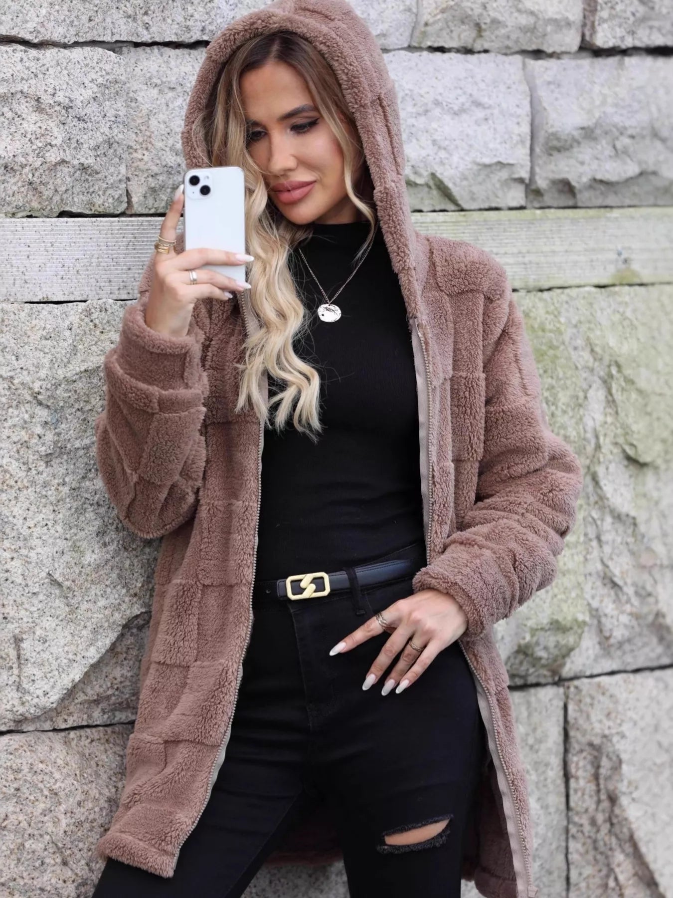 Oversized Fleece Zip Up Hooded Outerwear With Pockets