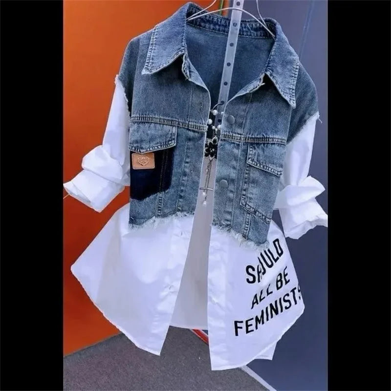 Women Denim Jacket Fake Two Denim Shirts 2025 New Spring Summer Autumn Casual Fashion Joker Stitching Striped Tops Coat Female