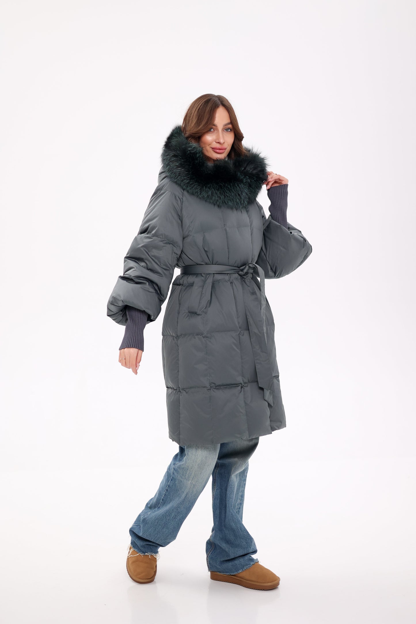 Genuine Silver Fox Fur Trim Down Coat in Forest Slate