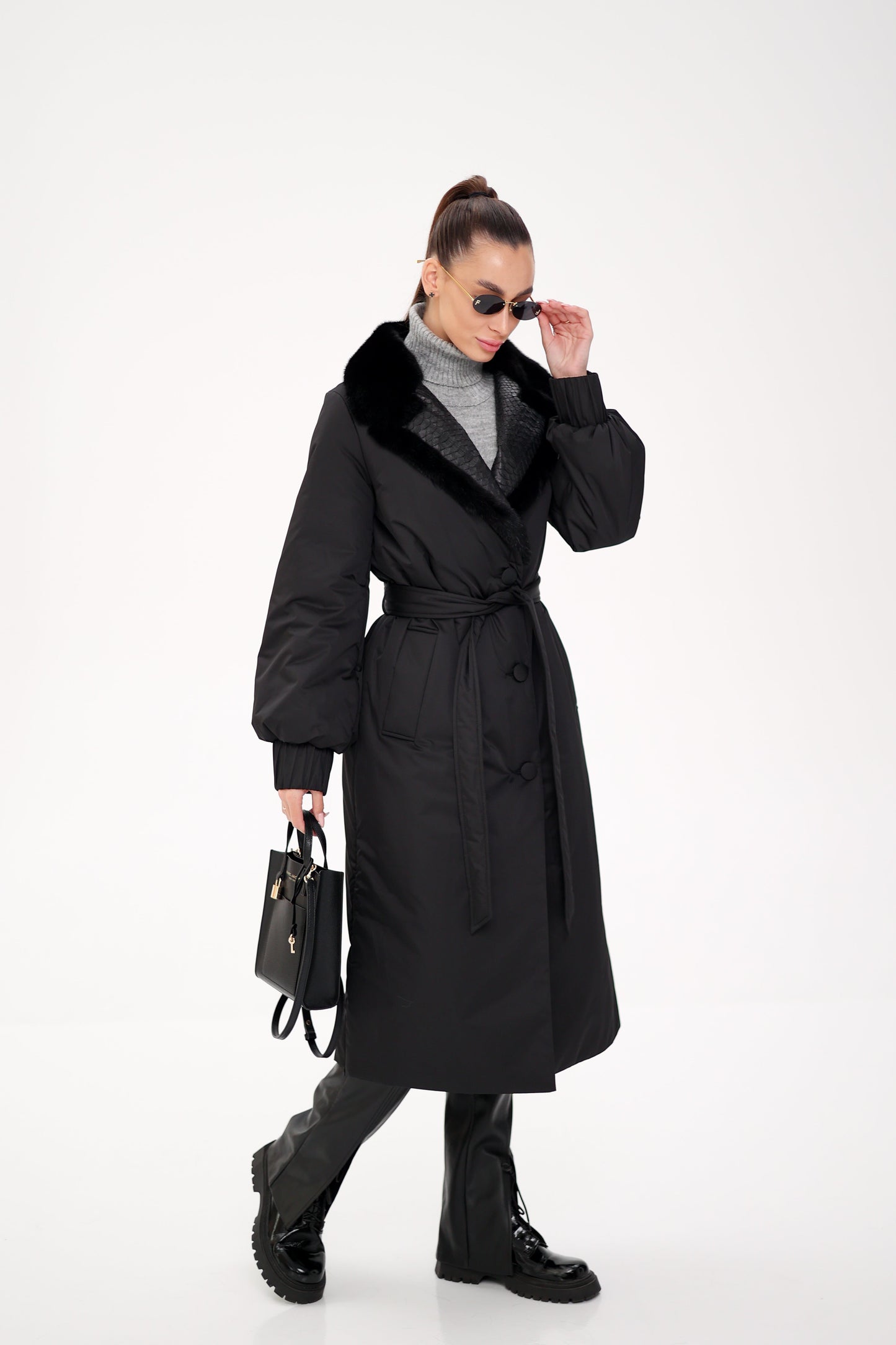 Genuine Mink Fur Real Python Leather Trim Coat