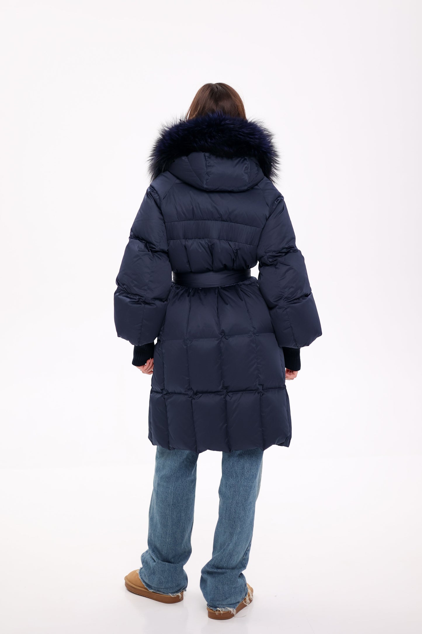 Genuine Fox Fur Trim Down Coat in Royal Blue