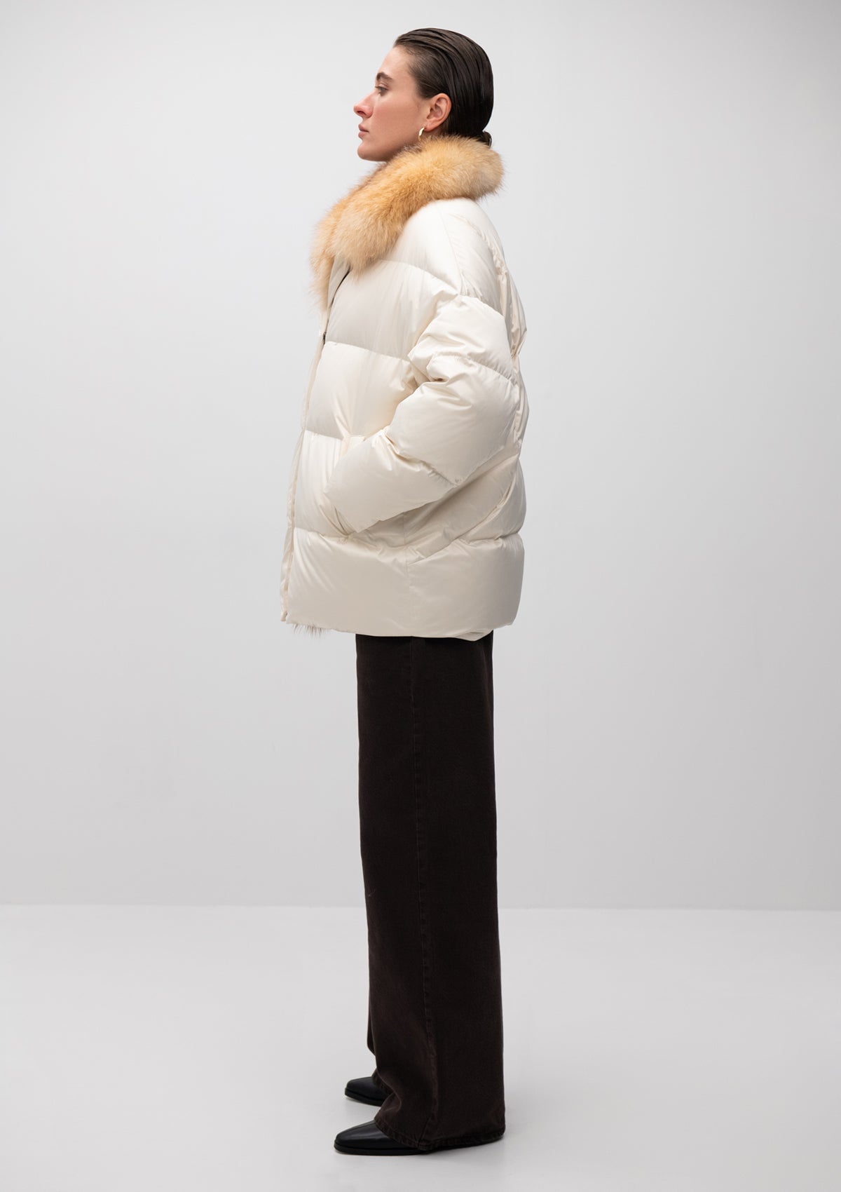 Manteau Macaire en duvet et fourrure de renard argenté véritable