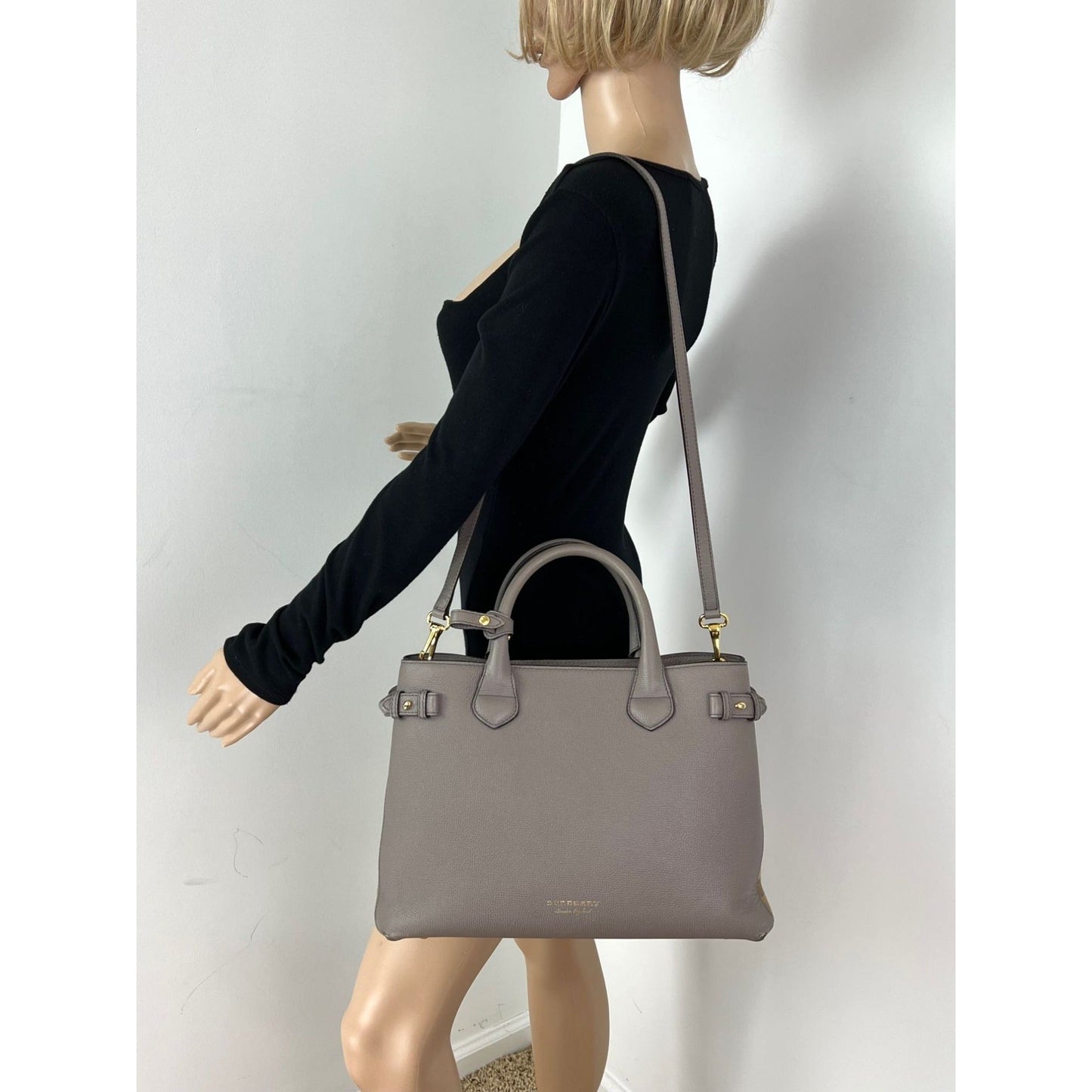 Burberry Banner House Check Leather Canvas Medium Hand Shoulder Bag