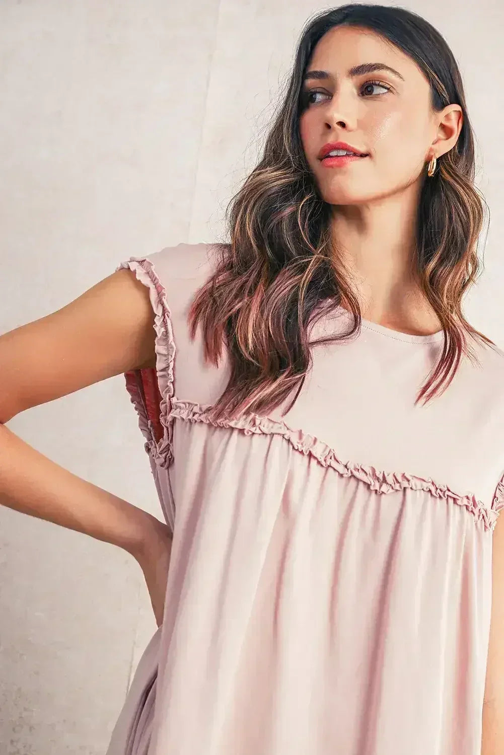 Oatmeal Frilled Trim Crewneck Loose Fit Mini Dress