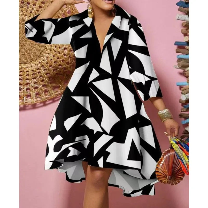 Women Sexy Fashion Printed Shirt Dresses Chic V Neck Loose Long Sleeve Dress Causal Vacation Female Mini Vestidos Robe Clothing