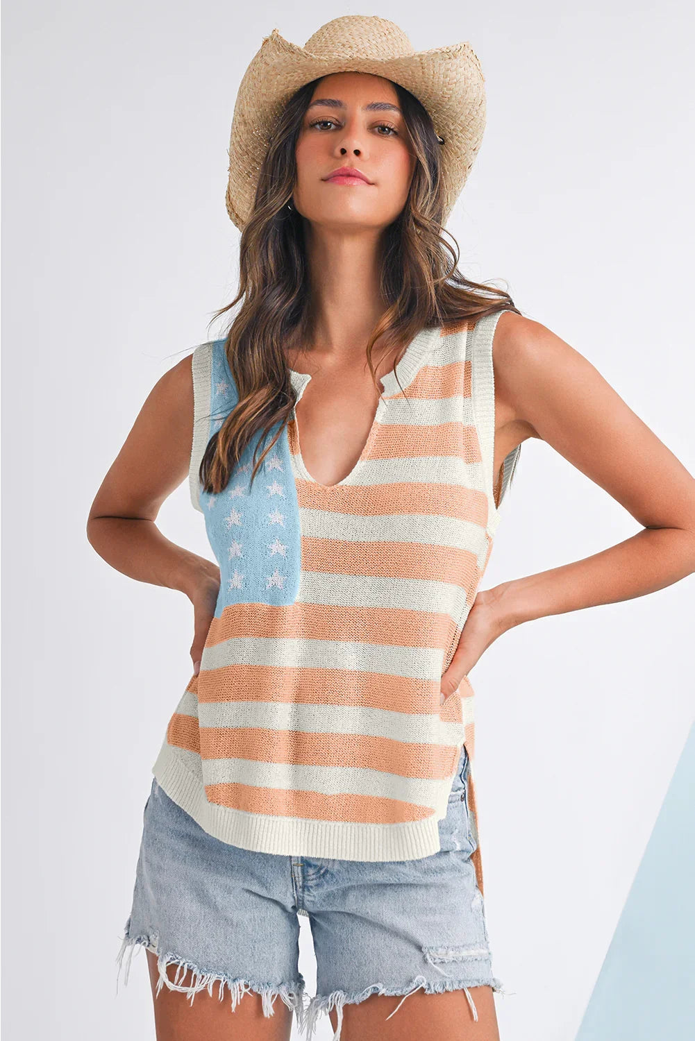 Beige USA Flag Notched Neckline Loose Knit Vest