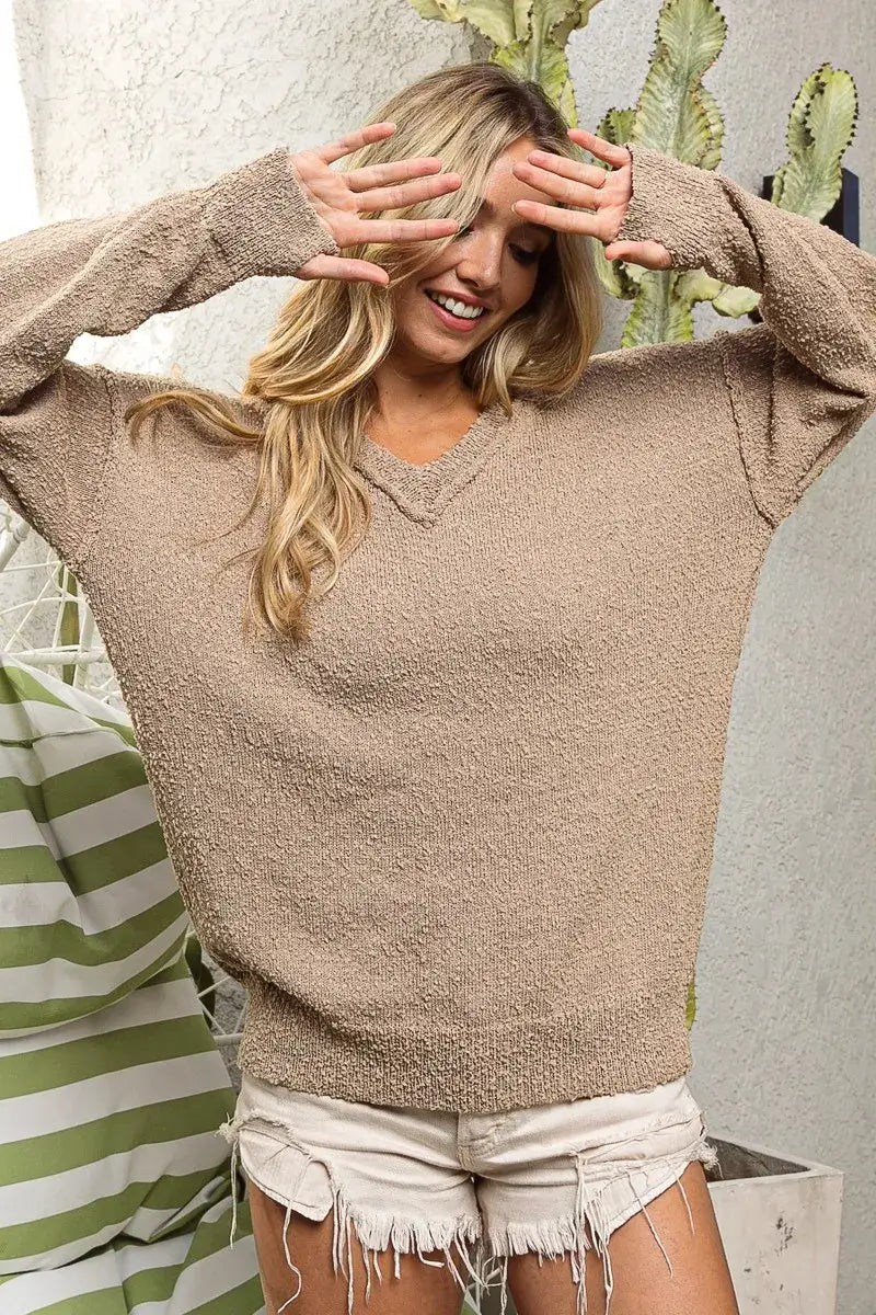 BiBi Raw Edged Popcorn Texture V Neck Knit Casual Sweater