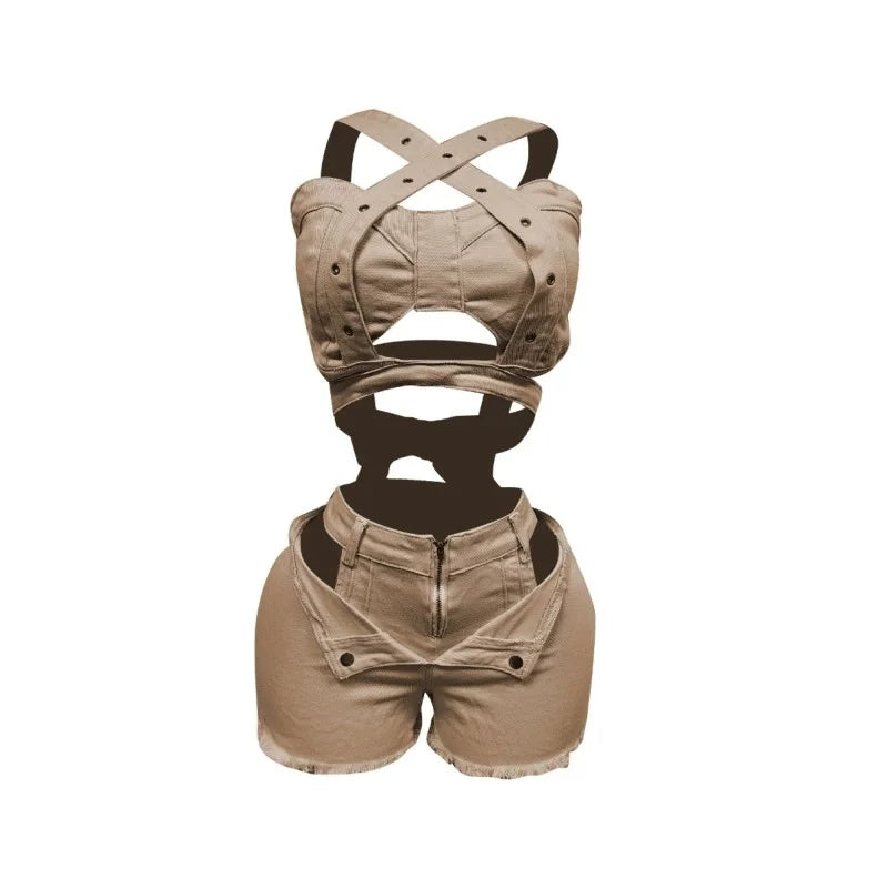 Sexy Jean 2 Piece Sets Women Outfit Summer Clothes Women 2024 Strapless Hollow Out Vest Top + Shorts Sets Street Denim Woman Set