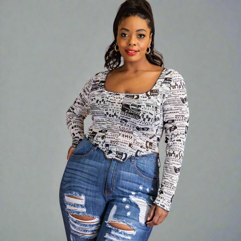 Read all About it Plus Size Scoop Neck Top with Contrast Stitching