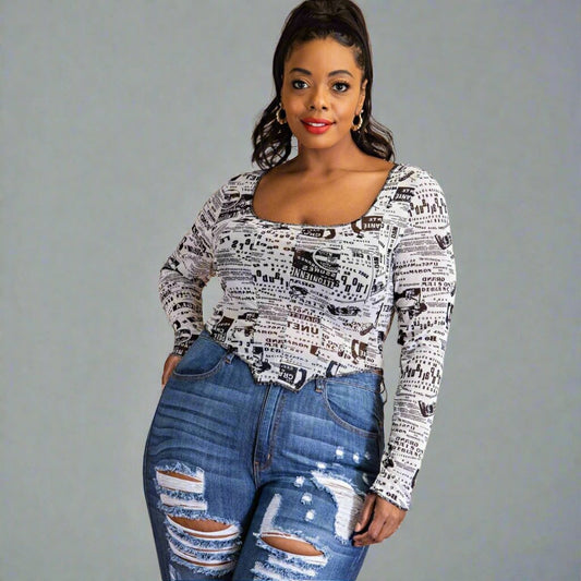 Read all About it Plus Size Scoop Neck Top with Contrast Stitching