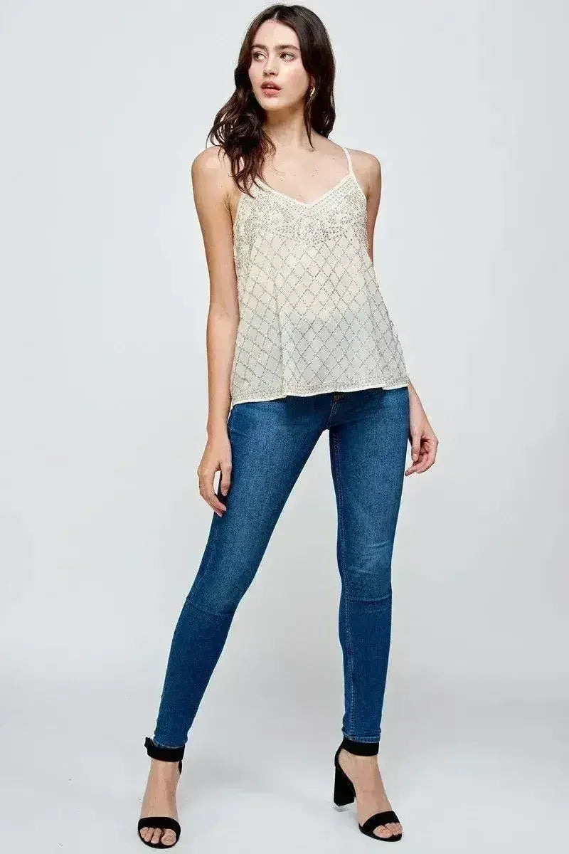 Beaded Spaghetti Strap Camisole - Embellished Cami Top for Women | Femstylo