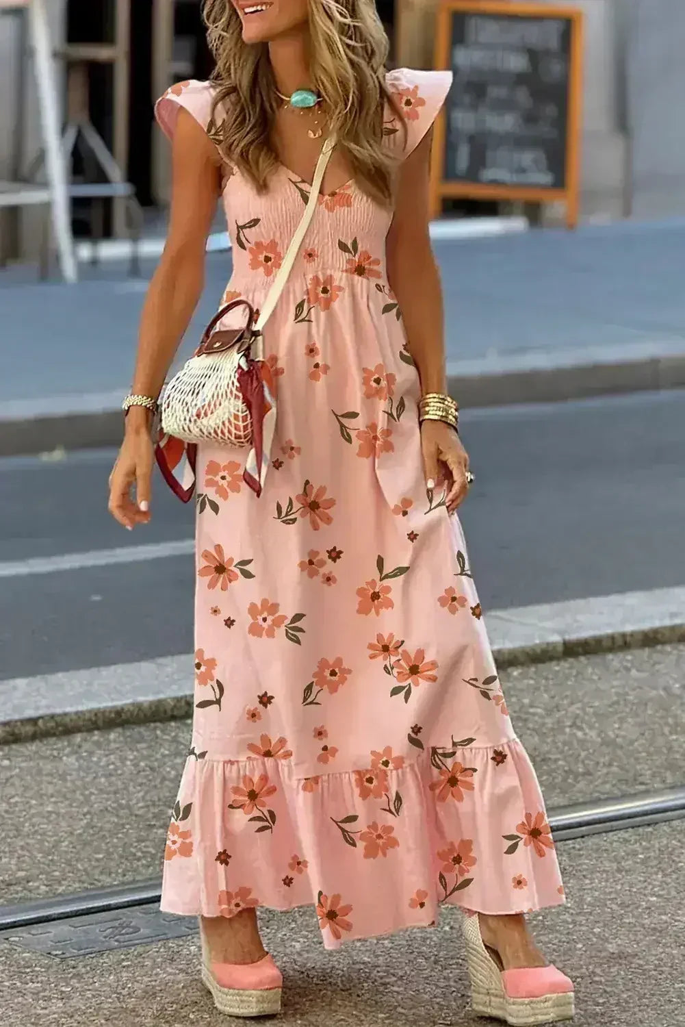 Pink Floral V Neck Smocked High Waist Ruffle Hem Maxi Dress