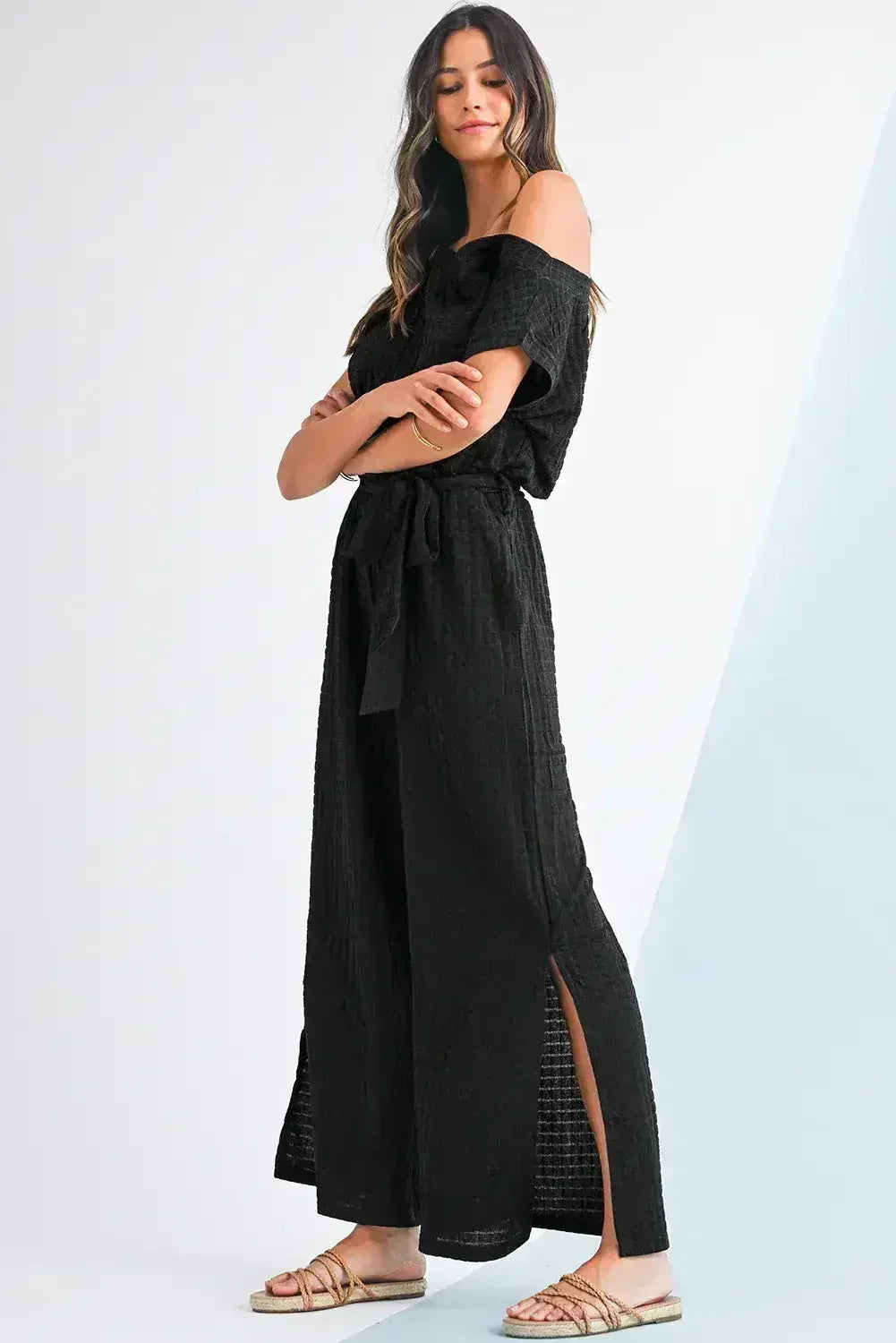 Black Checkered Mesh One Shoulder Short Sleeve Knotted Waist Jumpsuit