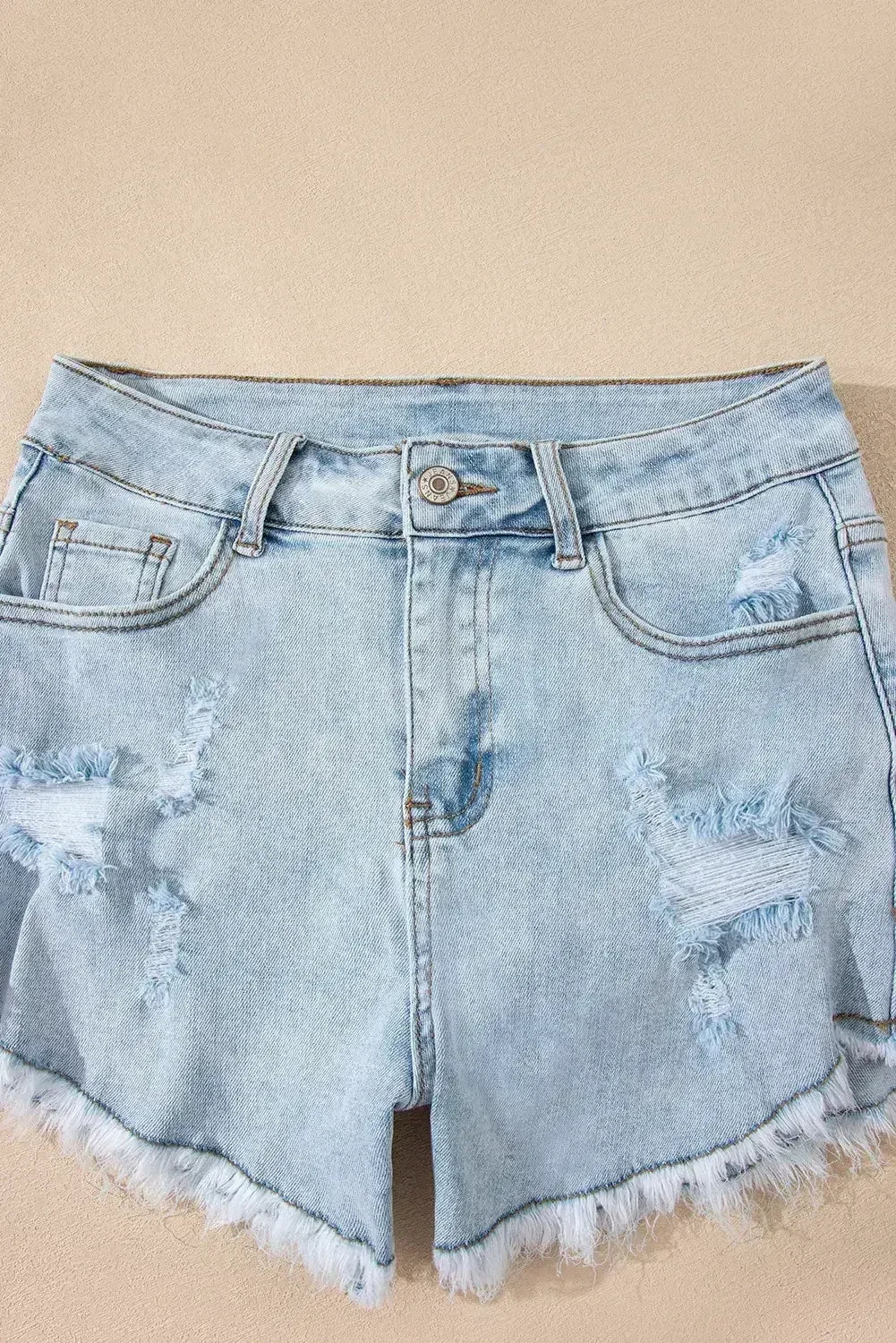 Beau Blue High Rise Distressed Raw Hem Denim Shorts