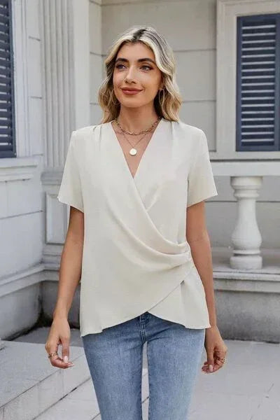 Out of State - Solid Color Surplice Short Sleeve Blouse