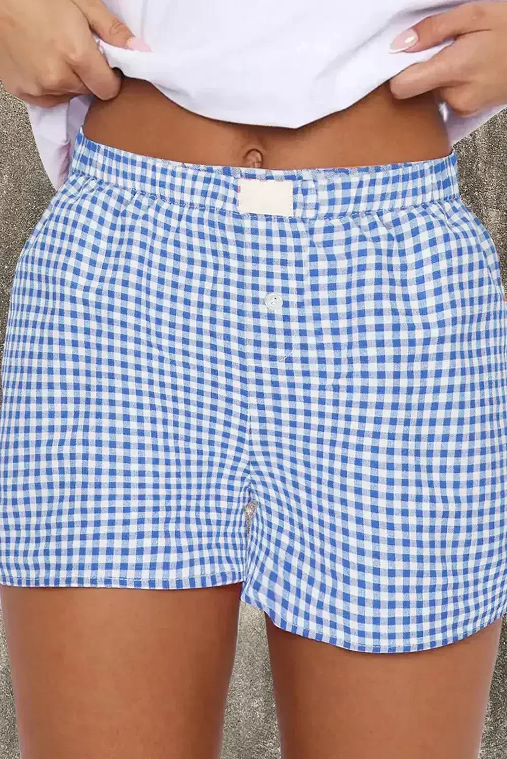 Blue Vintage Gingham Print High Waisted Loose Shorts
