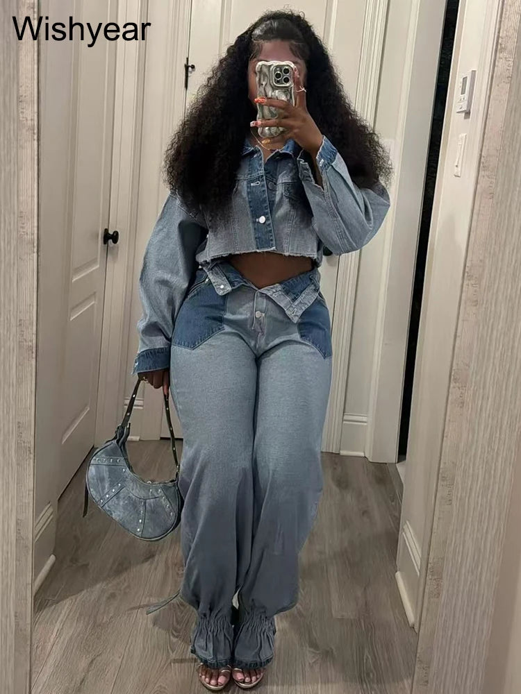 Streetwear Blue Patchwork Denim Two 2 Piece Pants Set Women Sales Long Sleeve Crop Tops and Flare Jeans Loose Matching Outfits