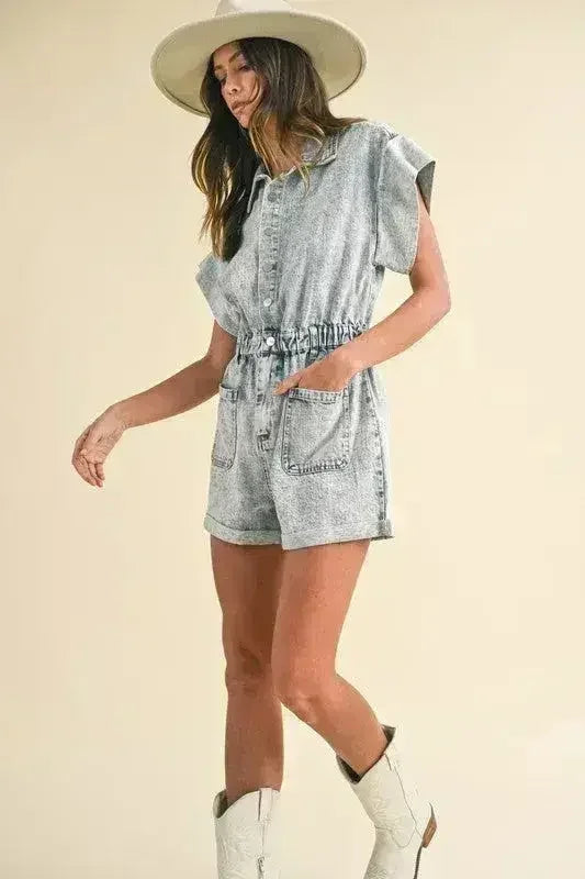 Annie Wear Elastic Waistband Short Sleeve Denim Romper