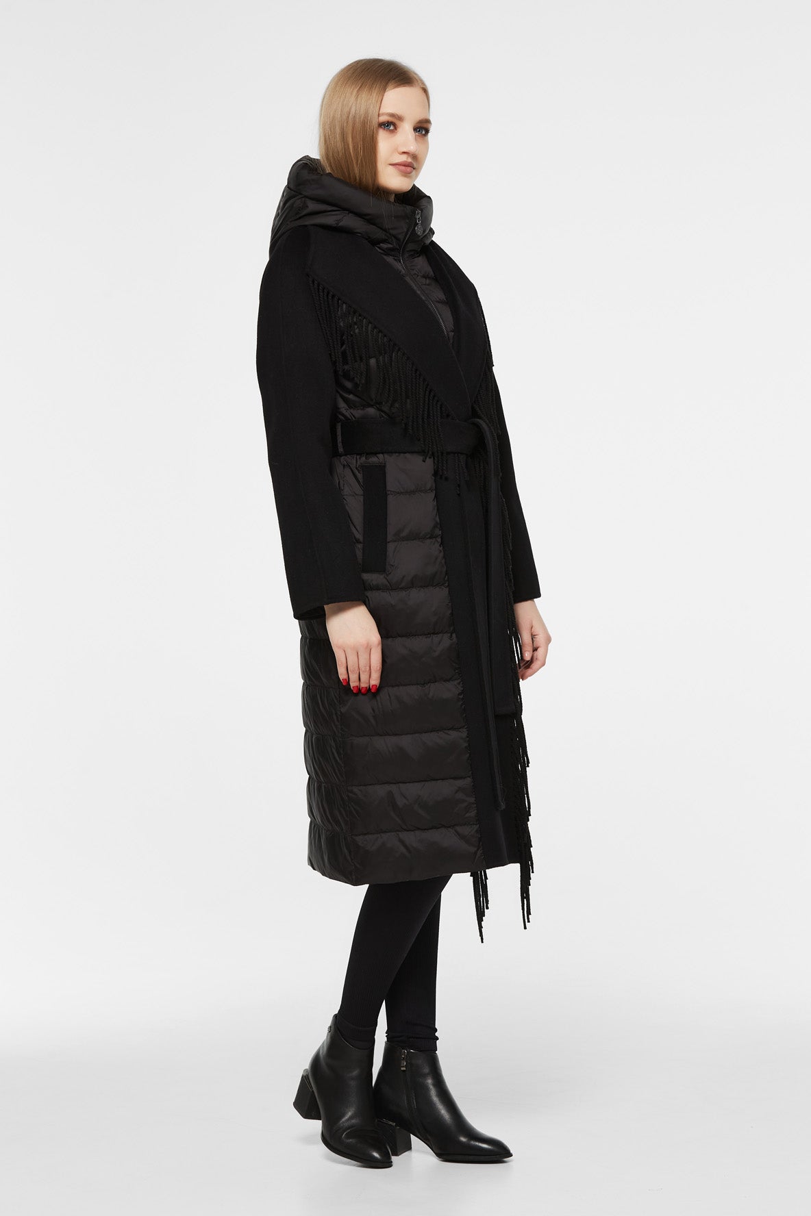 Manteau Kennedy en mélange de laine et duvet de luxe à franges, noir