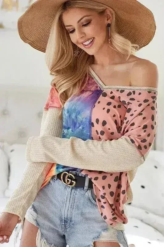 BiBi Print Block V Neck Top with Contrast Stitching