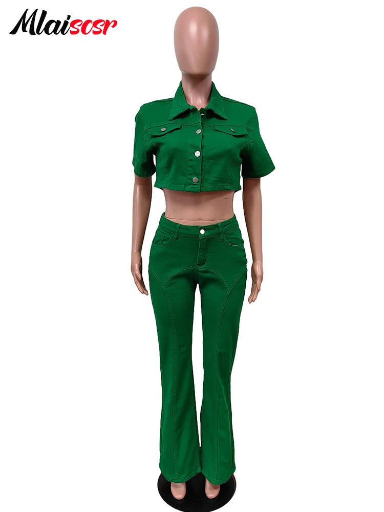 Mlaiscsr Green Denim Baddies Outfits for Women Two 2 Pieces Set Flare Jeans and Crop Top Stretch Suits Birthday Party Clubwear