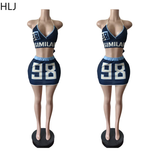 HLJ Blue Sexy Y2K Letter Printing Mini Skirts Two Piece Sets Women Halter V Neck Bangage Slim Crop Top And Skirts Outfits 2025