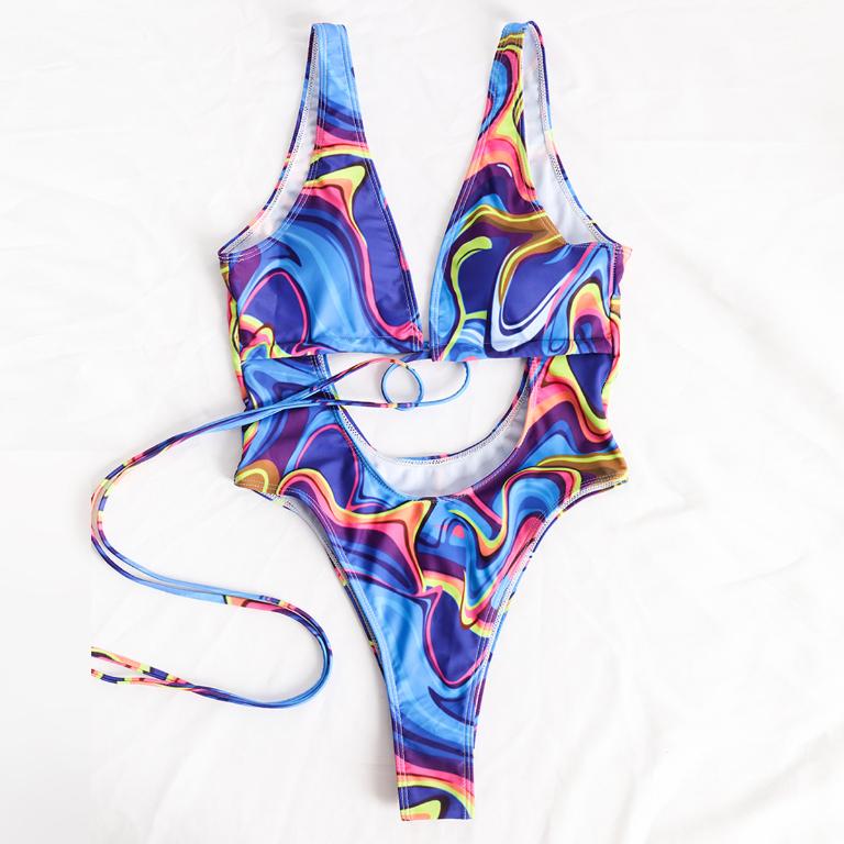 Hollow Out Cutout Out One Piece Swimsuit Women High Cut Bathing Suits Print Swimwear