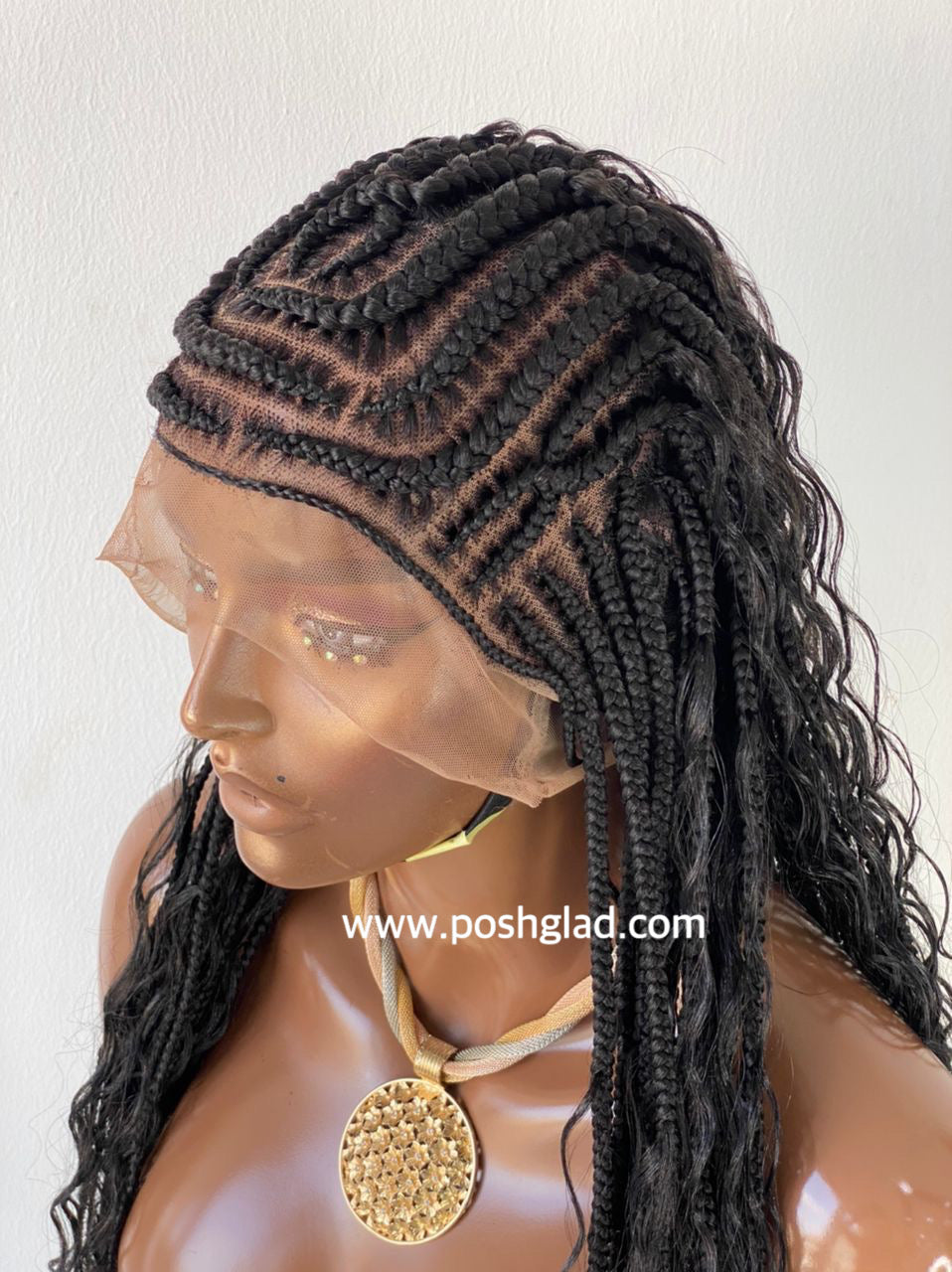 French Cornrow Bohemian Wig, Swiss Full Lace, Black, Waist Length, Standard Density - Sweetie