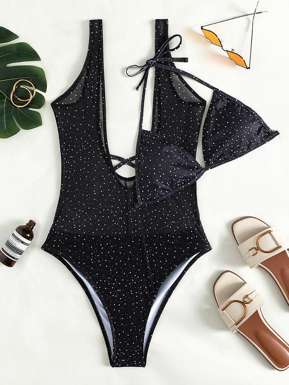 Dot Print One Piece Swimsuit Women V-Neck Bathing Suits Sexy High Cut Swimwear