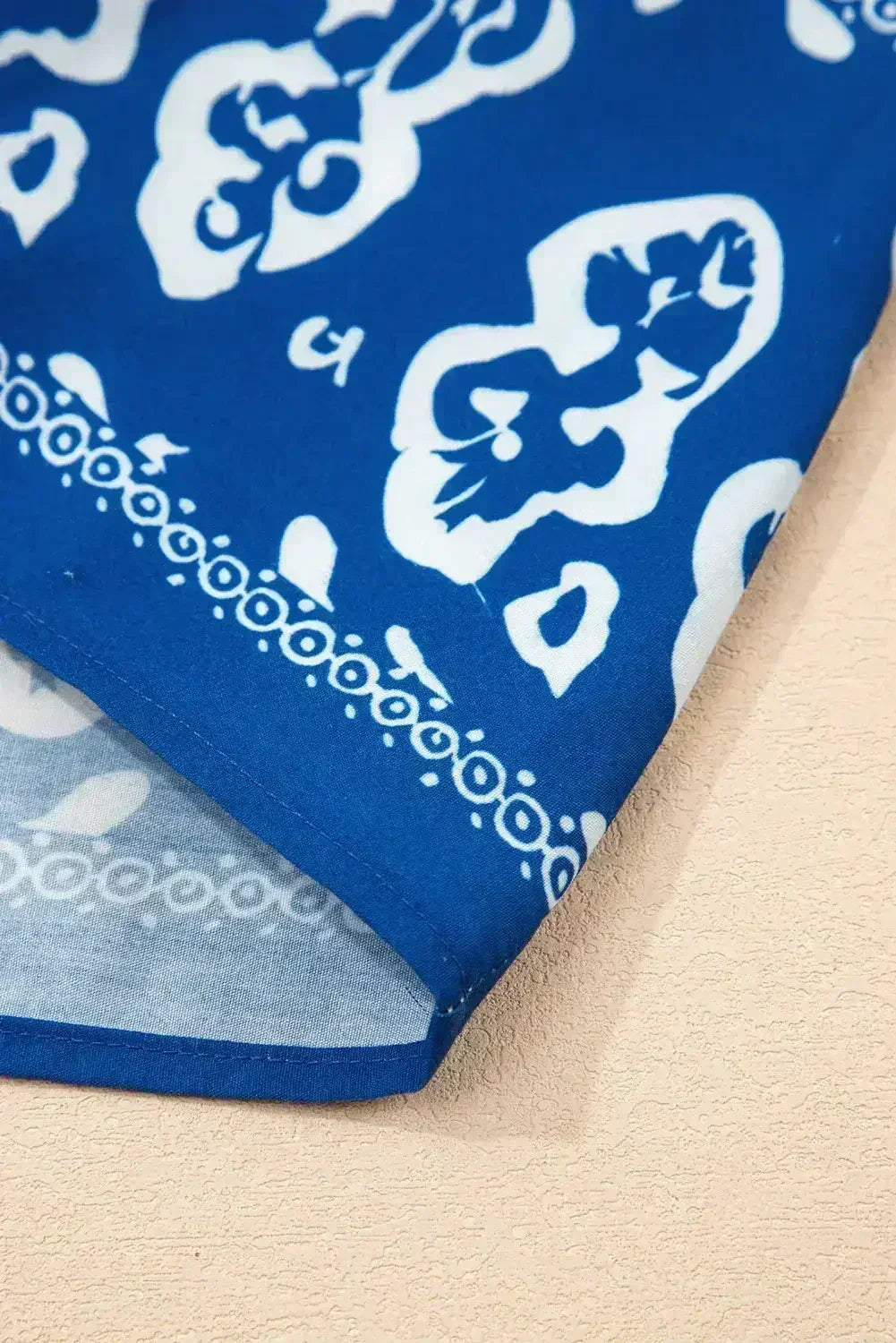 Blue Floral Ruffle Hem Pop of Color Neckline Dress