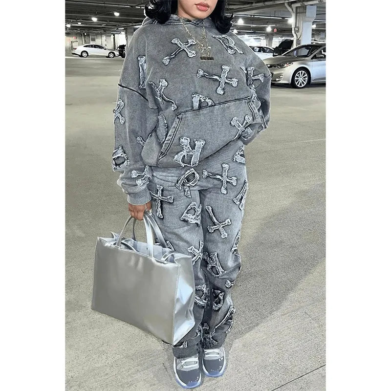 Fitness Women 2 Piece Set Fake Denim Printed Baggy Hoodies Jogging Pants Matching Set 2023 Fall Winter Outfits Sporty Tracksuits