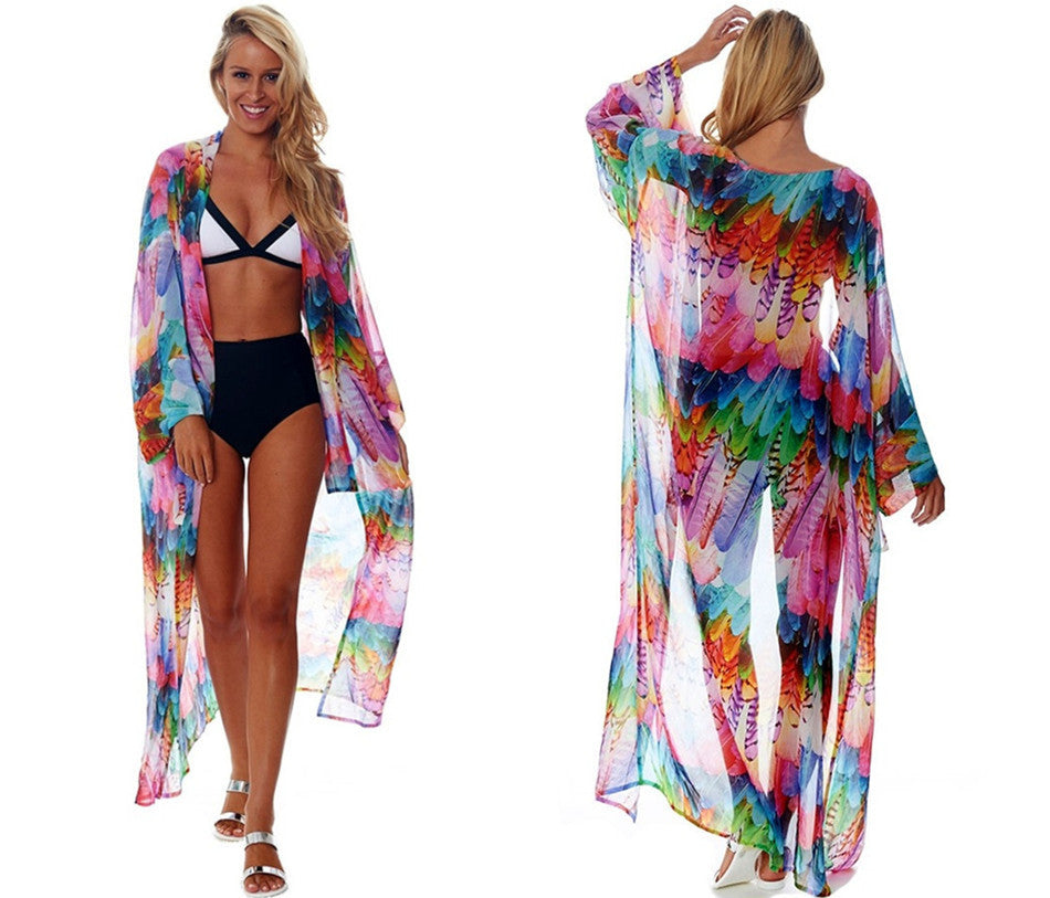 Beach Cover up Chiffon Colorful Feather Print Sun Protection Shirt Sexy Cardigan Loose Beach Cover Up